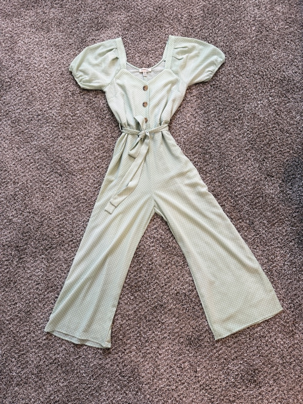 Monteau Mint Green Polka Dot Cropped Jumpsuit ties at waist.